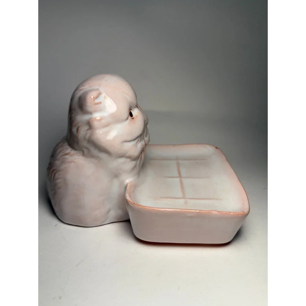 Vintage Persian Cat Soap Dish White Glazed Redware Pottery Mid Century 5.5